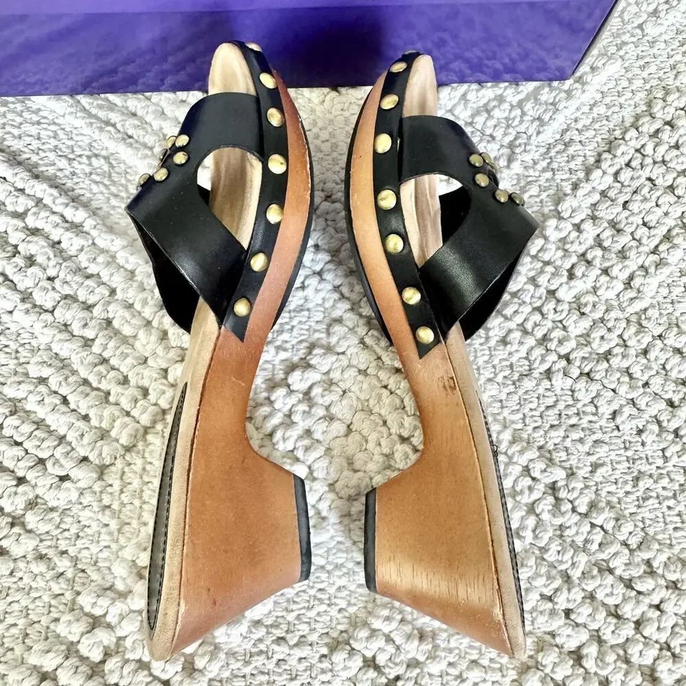 Enzo Angiolini Womens 5.5 Black Sandals Wood Heel Slide On Strap Fashion Y2k 90s